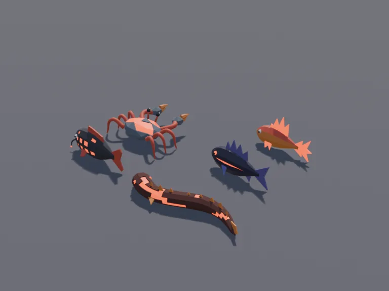 Lava Fish Pack: a set of five low-poly lava fish: a glowing magma eel with orange cracks, a black obsidian fish with sharp fins, a fish with flame-shaped fins, a dark carp with…