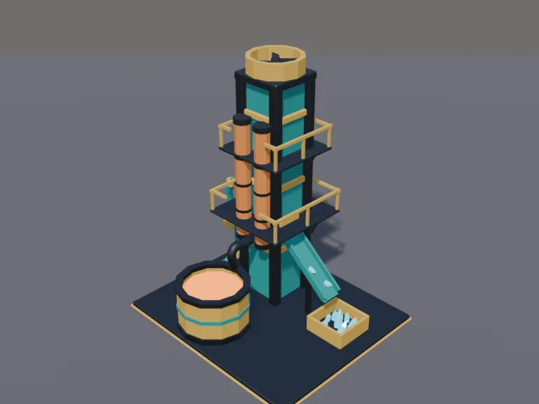 Lava Refinery Tower: a low-poly lava refinery: a tall metal tower with glass tubes of glowing orange lava, a big vat at its base, pipes and catwalks around it, a cooling fan on…
