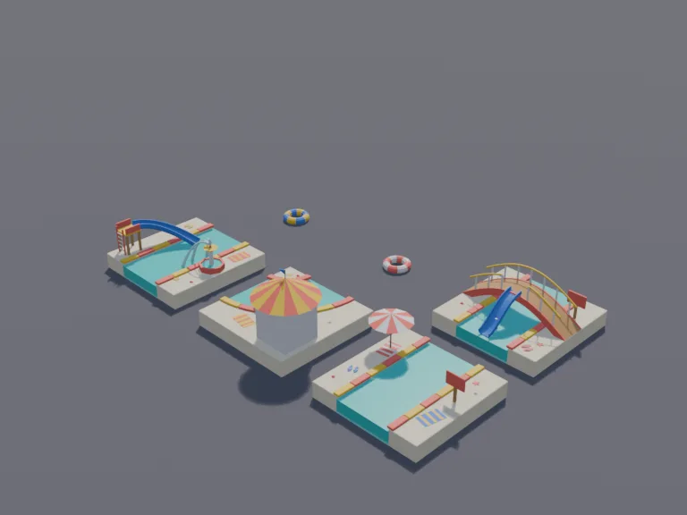 Lazy River Kit: a low-poly lazy river kit that snaps together on a grid: a straight channel section with turquoise water, a curved section, a section with a fountain, a bridge…