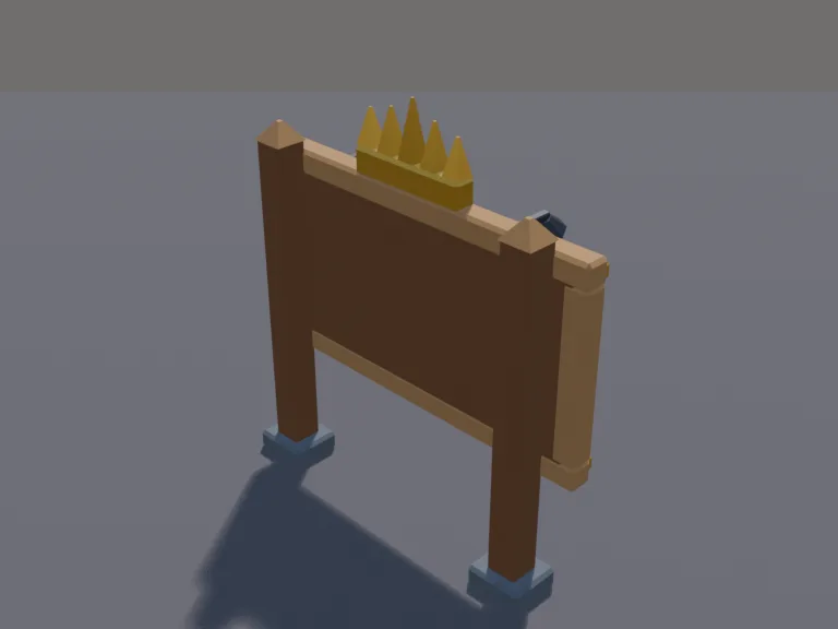 Leaderboard Sign: a low-poly leaderboard sign on two sturdy posts: a big flat face left blank for text, a decorative frame with a little crown on top, and small lamps that…
