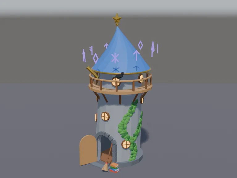 Leaning Wizard Tower: a low-poly wizard tower: a tall round stone tower that leans slightly, a crooked conical blue roof with a gold star finial, round windows glowing warm yellow.