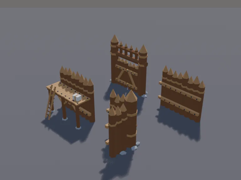 Log Palisade Wall Kit: a low-poly log palisade wall kit that snaps together on a grid: a straight wall of sharpened vertical logs, a corner section, and a section with a raised…