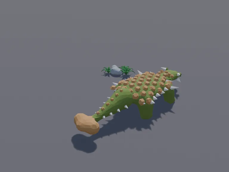 Low-poly Ankylosaurus: a low-poly ankylosaurus: a low armoured dinosaur covered in bony plates and spikes, a heavy club at the end of its tail and a short stubby head.