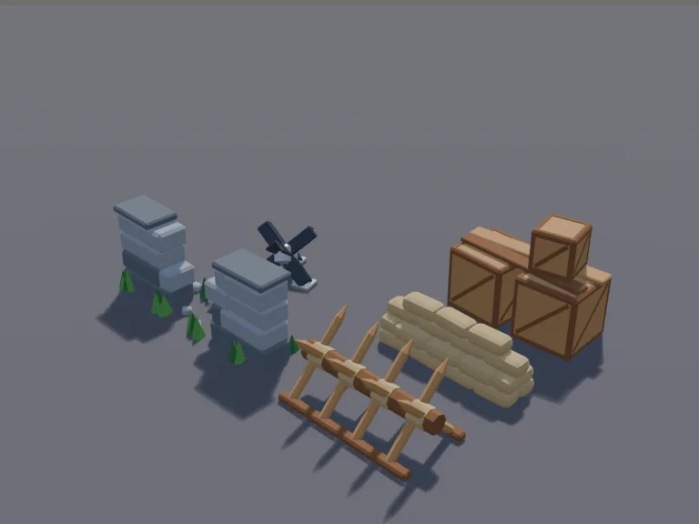 Low-Poly Barricade Set: a low-poly barricade set: a wooden spiked barricade, a row of sandbags, a stack of crates with a plank across them, a stone wall section with a gap, and…