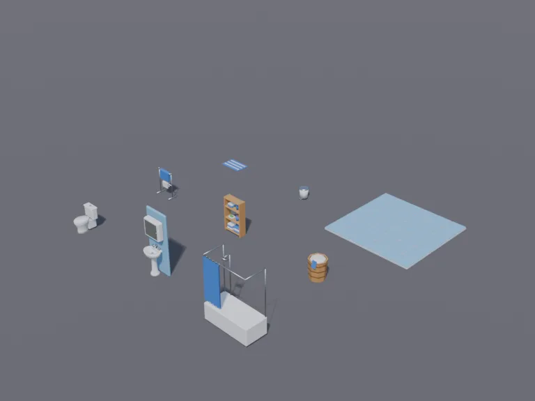 Low-poly Bathroom Set: a low-poly bathroom set: a pedestal sink with a tap and a mirror cabinet above it, a bathtub with a shower head and a curtain on a rail, a towel rack…