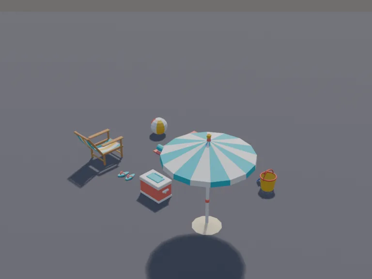Low-Poly Beach Props: a low-poly beach props set: a striped beach umbrella, a folding deck chair, a patterned towel, a cooler box, a bucket and spade and a beach ball.