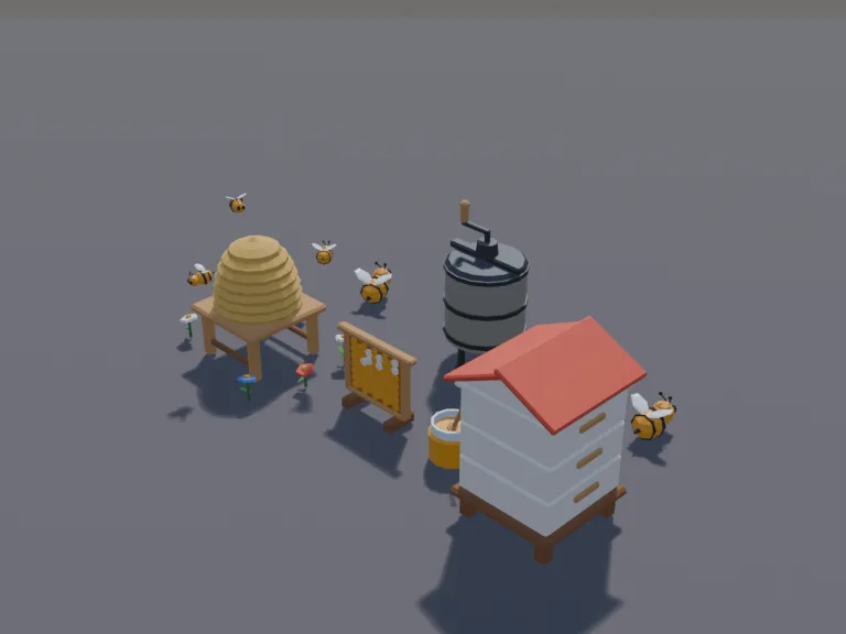Low-Poly Beehive Set: a set of low-poly beehives: a white stacked box hive with three boxes and a little sloped roof, a classic dome-shaped straw skep on a wooden stand, a…