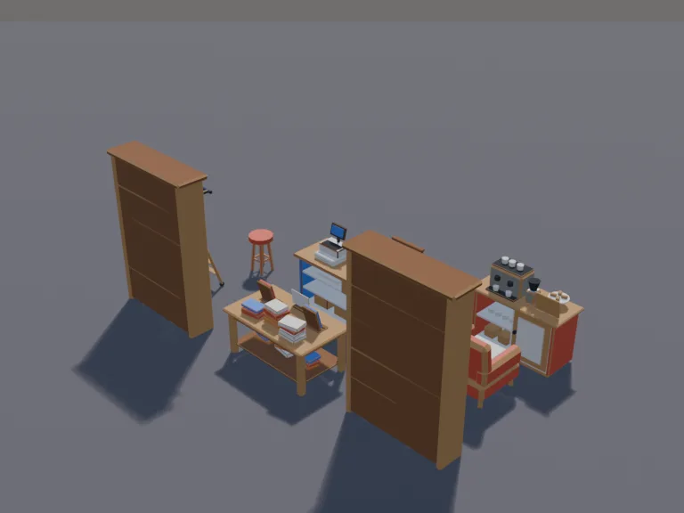 Low-Poly Bookstore Set: a low-poly bookstore set: tall wooden bookshelves full of books, a table of featured books with stands, a ladder on a rail, a reading armchair, a…
