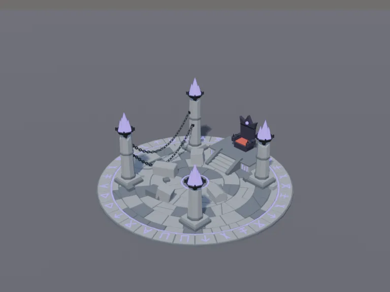Low-Poly Boss Arena: a low-poly boss arena kit: four tall broken pillars with braziers burning purple fire on top, a raised dais with a dark throne at one side, cracked floor…