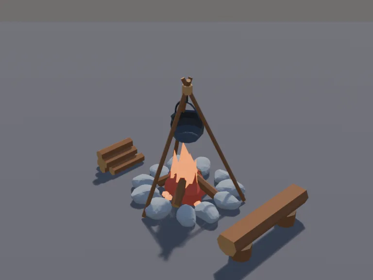 Low-Poly Campfire: a low-poly campfire: a ring of stones, crossed logs with chunky flames and glowing embers, a log bench, a cooking pot hanging from a stick tripod, and a…