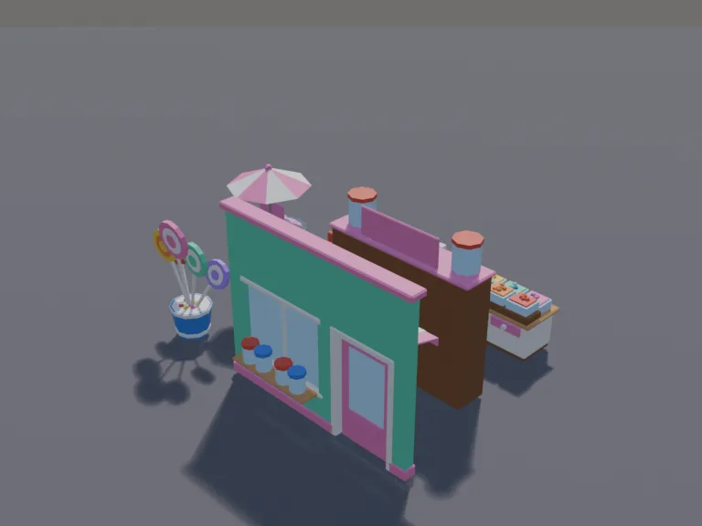 Low-Poly Candy Store: a low-poly candy store set: walls of big glass jars full of colourful sweets, a pick-and-mix counter with scoops and bags, giant lollipops in a bucket, a…