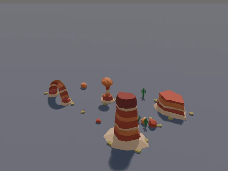 Low-Poly Canyon Rocks: a set of low-poly canyon rocks: a tall red sandstone butte with layered stripes, a flat-topped mesa chunk, a balanced rock perched on a narrow pillar, a…