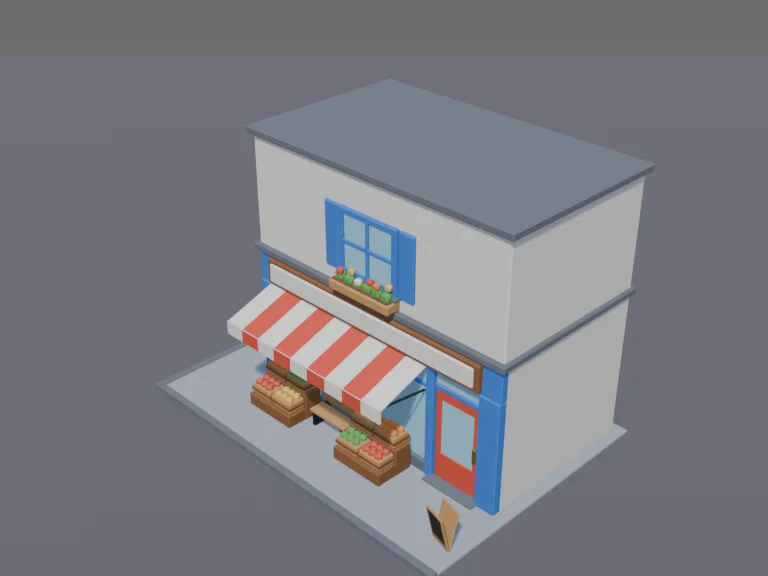 Low-Poly Corner Shop: a low-poly corner shop building: a two-storey building with a big glass storefront, a striped awning over the windows, a blank sign board above the door,…
