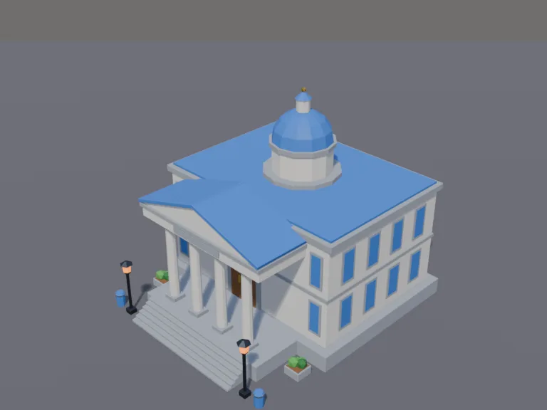 Low-Poly Courthouse: a low-poly courthouse: a stately building with a triangular pediment above four tall columns, wide stone steps, heavy double doors, a dome on the roof and…
