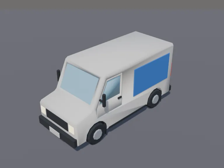 Low-Poly Delivery Van: a low-poly delivery van: parcels visible inside, a step at the back and a blank panel on its side.