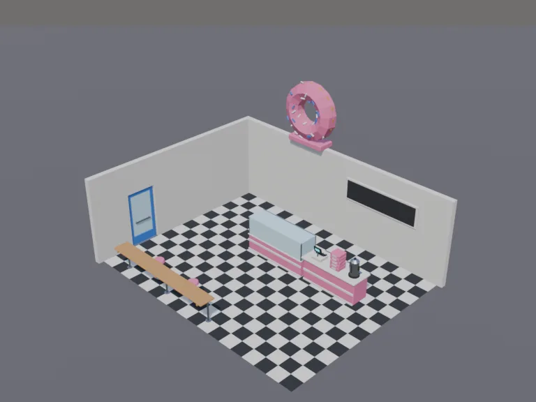 Low-Poly Donut Shop: a low-poly donut shop: a glass display case full of glazed and sprinkled donuts on trays, a coffee urn, a register, a stack of pink boxes, two stools at a…