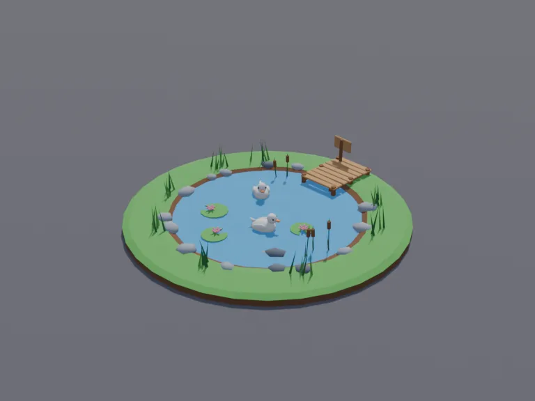 Low-Poly Duck Pond: a low-poly duck pond: a round pond with a gently rippled blue surface, smooth stones and reeds around its edge, three lily pads with pink flowers, a little…