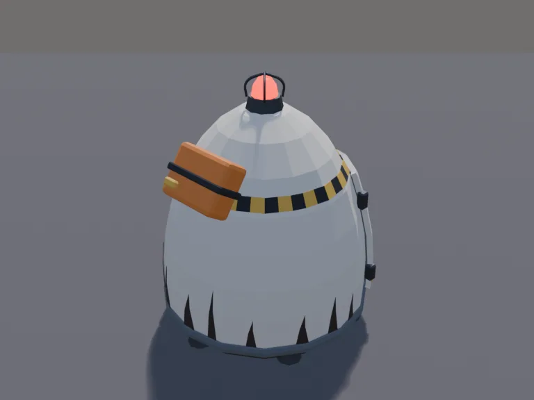 Low-Poly Escape Pod: a low-poly escape pod: a rounded capsule with a heat-scorched base, a single round window, a hatch door that is its own part, small thruster nozzles around…