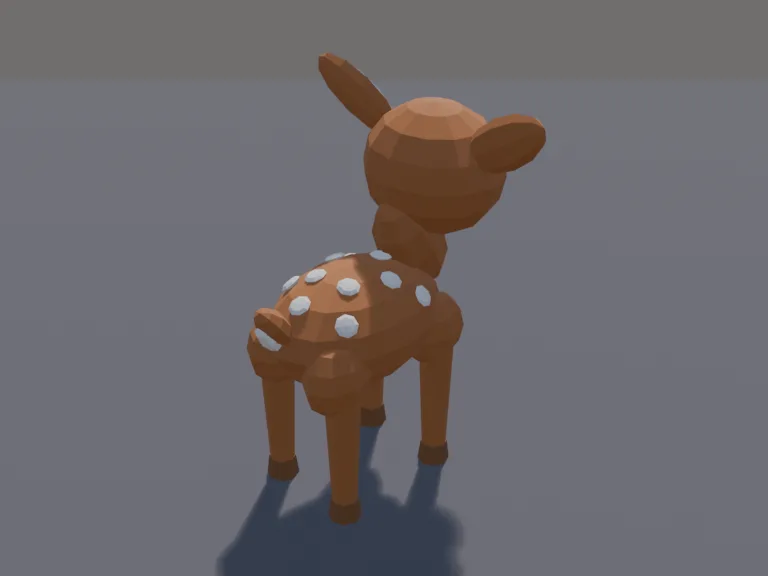 Low-Poly Fawn Pet: a cute chunky low-poly deer fawn pet: big ears, a shiny black nose, long slender legs and white spots on its back.