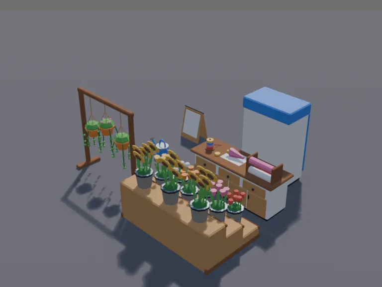 Low-Poly Flower Shop: a low-poly flower shop set: buckets of tulips, roses and sunflowers on a tiered stand, a counter with wrapping paper and ribbons, hanging plants, a cooler…