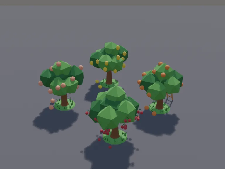 Low-Poly Fruit Trees: a set of low-poly fruit trees: an orange tree with bright oranges, a lemon tree with yellow lemons, a cherry tree with clusters of red cherries, and a…