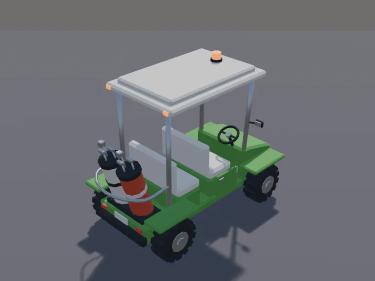 Low-Poly Golf Cart: a low-poly golf cart: a small open cart with a white canopy roof, two bench seats, a golf bag holder at the back, a small steering wheel and chunky turf tyres.