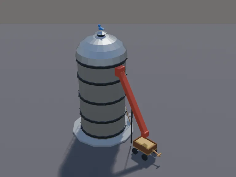 Low-Poly Grain Silo: a low-poly grain silo: a tall round corrugated metal silo with a domed silver cap, a caged ladder running up its side, a small hatch door at the base, a…