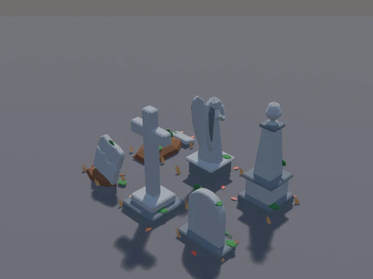Low-Poly Graveyard Tombstones: a set of low-poly graveyard tombstones: a rounded headstone, a tall stone cross, a cracked slab leaning to one side, an obelisk with a small urn…