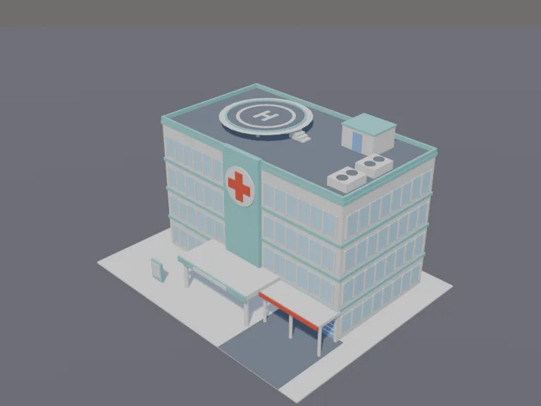 Low-Poly Hospital: a low-poly hospital building exterior: a modern four-storey building in white and pale teal with a glass entrance under a large canopy, a red cross sign…