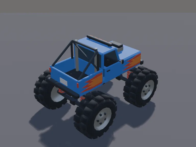 Low-Poly Monster Truck: a low-poly monster truck: a pickup body lifted high on enormous knobbly tyres, big suspension springs, a roll cage.