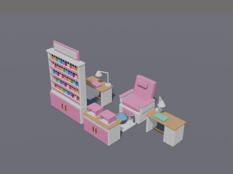 Low-Poly Nail Salon: a low-poly nail salon set: two manicure tables with lamps and cushions, a pedicure chair with a foot basin, a wall rack of colourful nail polish bottles…