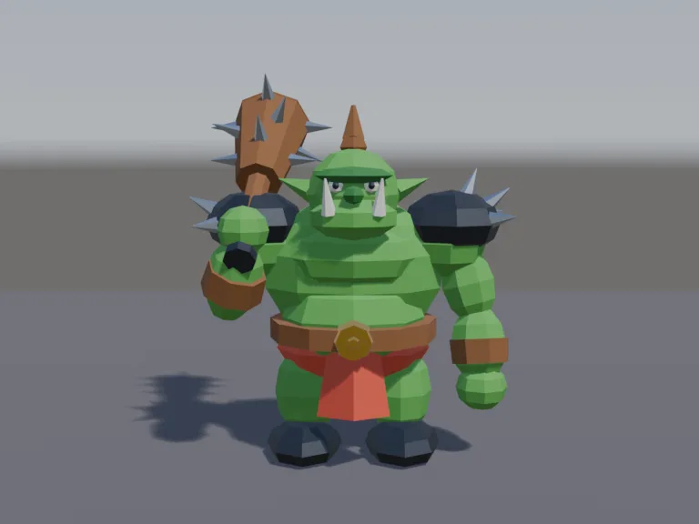 Low-Poly Orc Brute: a low-poly orc brute: a hulking green orc with a jutting underbite and two tusks, a shaved head with a topknot, spiked shoulder pads, a leather belt with a…