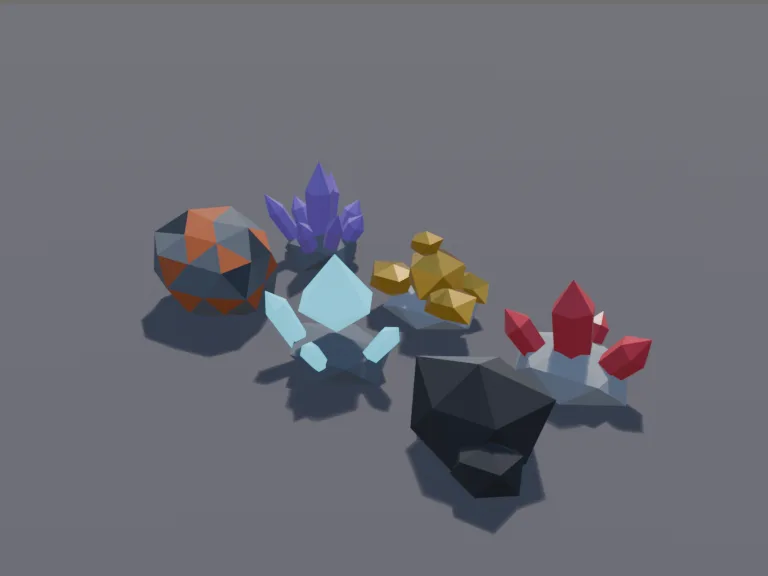 Low-Poly Ore Set: a low-poly set of ore chunks: a lump of coal, an iron ore rock with rust-coloured veins, a gold nugget cluster, a glowing blue diamond chunk, a red ruby rock,…