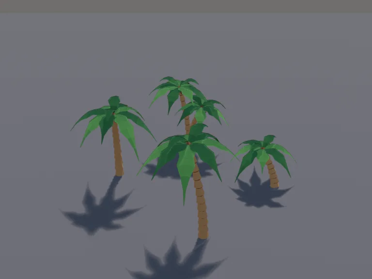 Low-Poly Palm Trees: a set of four low-poly palm trees: two tall curved palms, a short leaning palm and a twin-trunk palm, with ringed trunks, broad fronds and a few coconuts…