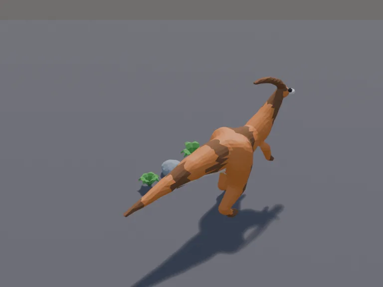 Low-poly Parasaurolophus: a low-poly parasaurolophus: a duck-billed dinosaur with a long curved head crest, walking on two legs with its tail out, in orange and brown stripes.