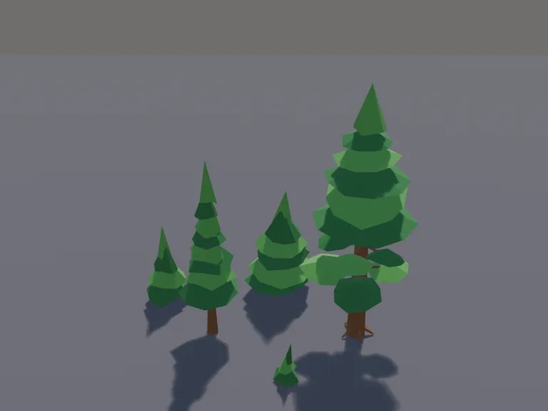 Low-Poly Pine Set: a set of five low-poly pine trees in different sizes and shapes, from a small sapling to a tall old pine, with layered branches and visible trunks, so a…