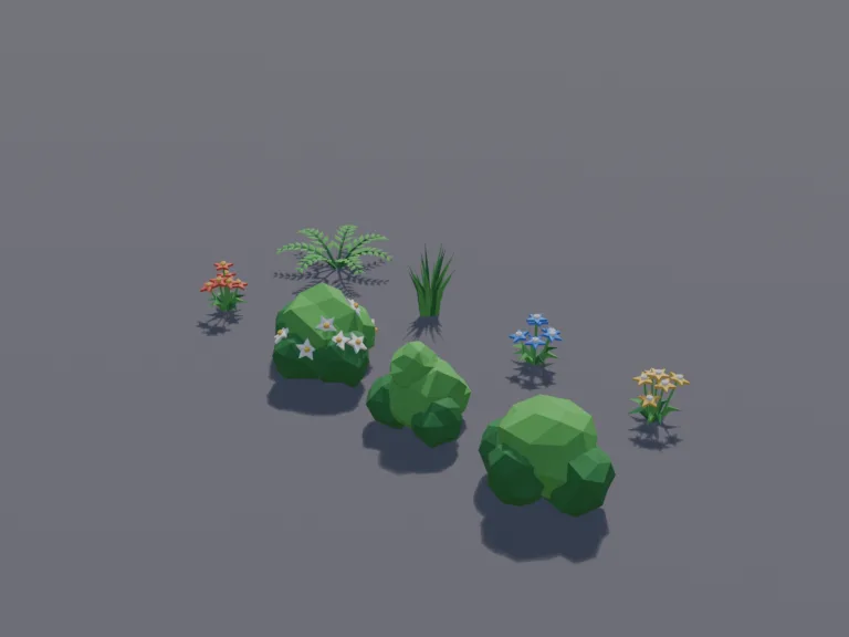 Low-Poly Plant Set: a set of low-poly plants to scatter through a level: two round bushes, a flowering bush, flower clumps in three colours, tall grass tufts and a fern.