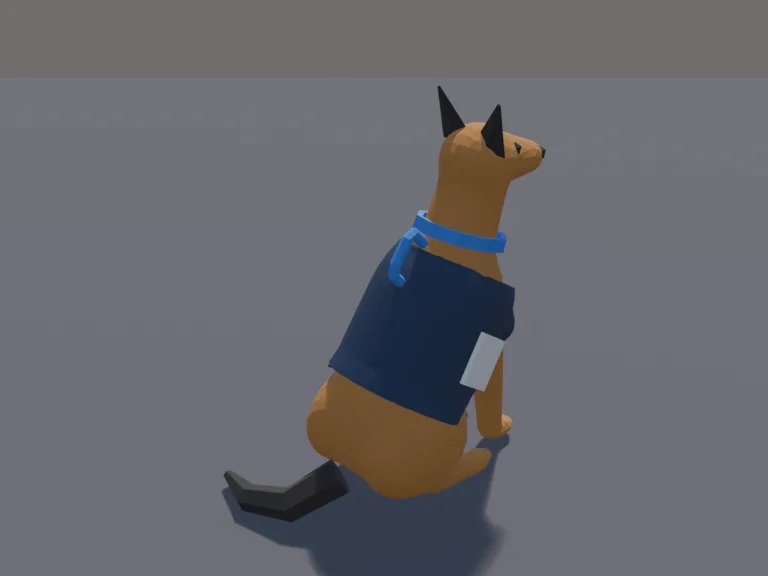 Low-Poly Police Dog: a low-poly police dog: a friendly German-shepherd-style dog sitting alert with ears up, wearing a dark vest with a blank patch, a collar with a tag and a…
