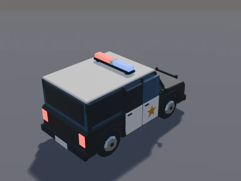 Low-Poly Police SUV: a low-poly police SUV: a tall black and white SUV with a light bar on the roof, a push bumper, a spotlight by the mirror.
