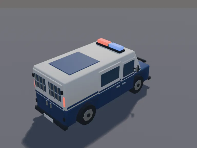 Low-poly Police Van: a low-poly police van: a tall white and dark blue van with a light bar on the roof, a side door and a push bumper.