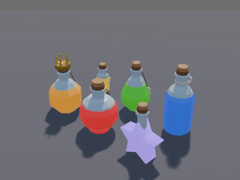 Low-Poly Potion Set: a set of low-poly potions: a round red health potion with a cork, a tall blue mana potion with a ribbon tied around its neck, a green poison flask shaped…