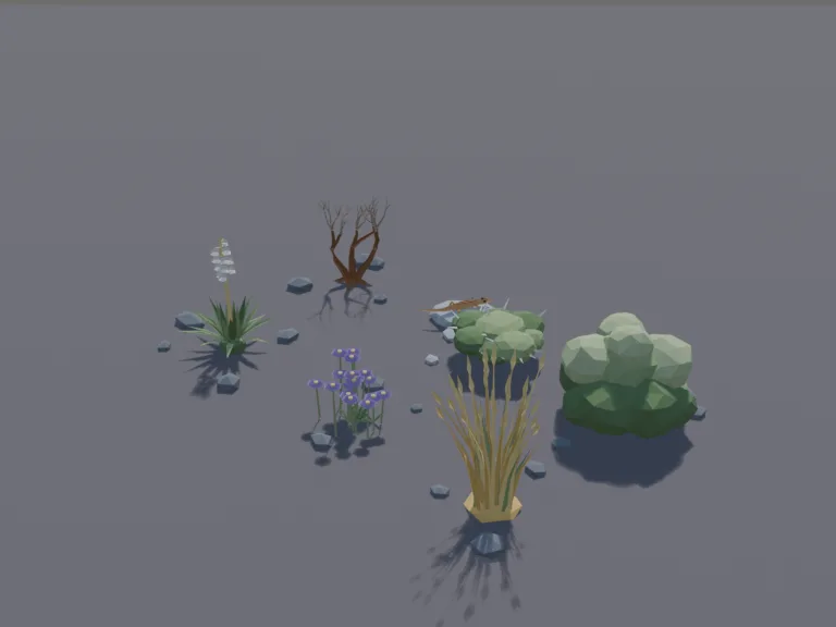 Low-Poly Prairie Plants: a set of low-poly prairie plants: a big round sagebrush, a cluster of tall dry grass, a small yucca with spiky leaves, a patch of purple wildflowers, a…