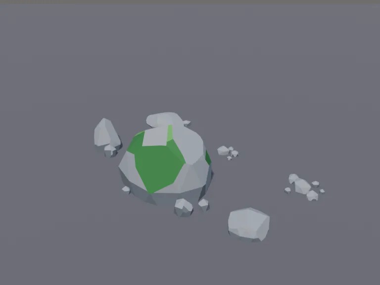 Low-Poly Rock Set: a set of six low-poly rocks and boulders: small pebble clusters, medium rocks and a large boulder with moss on top.