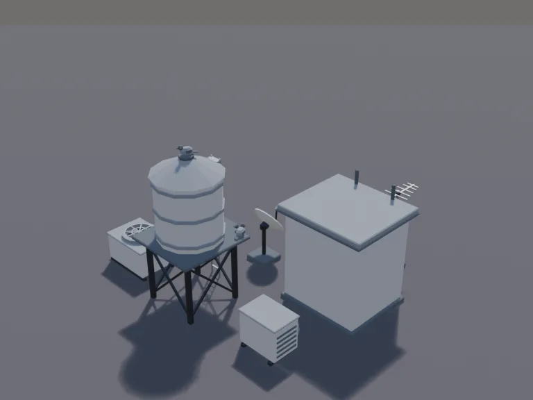Low-Poly Rooftop Props: a set of low-poly rooftop props: two boxy air-conditioning units with spinning fan grilles, a round rooftop water tank on legs, a satellite dish, a vent…