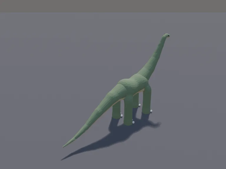 Low-Poly Sauropod: a low-poly long-neck dinosaur: a giant gentle sauropod with a very long neck, a small head, column-like legs and a long tail, grey-green with a lighter belly.
