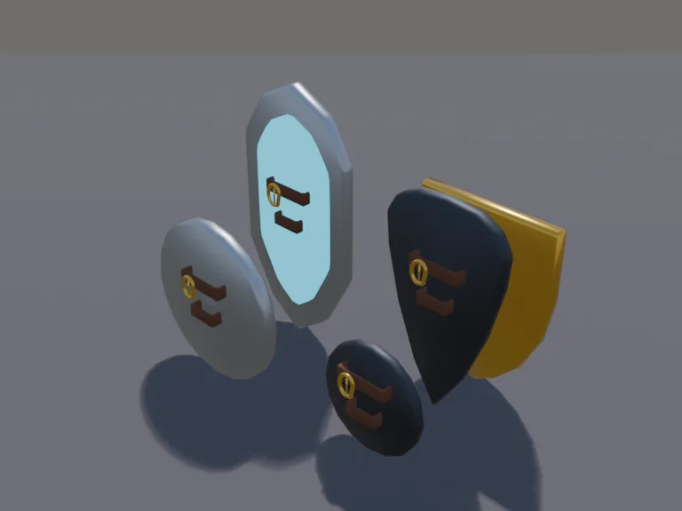 Low-Poly Shield Set: a set of five low-poly shields: a round wooden buckler with an iron rim, a kite shield painted red and white, a heater shield with a gold sun emblem, a…