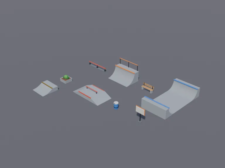 Low-poly Skate Park: a low-poly skate park set: a quarter-pipe ramp, a fun box with a rail on top, a small half-pipe, a grind rail, a kicker ramp and a bench, all in smooth…