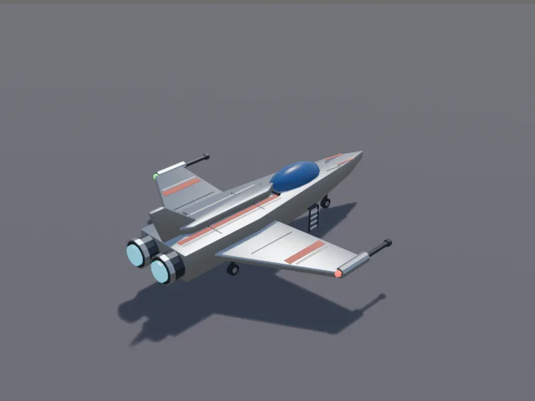 Low-Poly Space Fighter: a low-poly space fighter: a sleek arrowhead hull with swept-forward wings, a bubble cockpit canopy that is its own part, twin engines glowing blue at…
