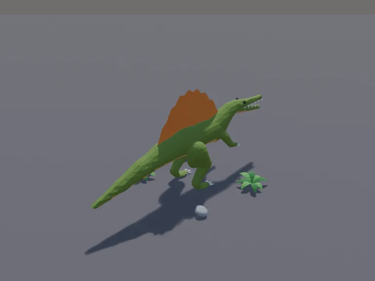 Low-Poly Spinosaurus: a low-poly spinosaurus: a big river dinosaur with a tall sail along its back, a long crocodile-like snout, strong clawed arms and a thick tail.
