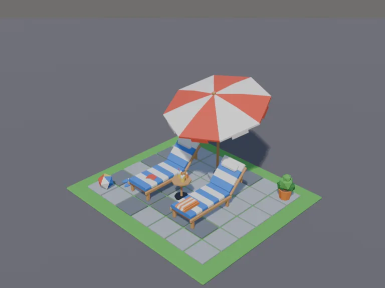 Low-Poly Sun Lounge Set: a low-poly sun lounge set: two reclining sun loungers with striped cushions, a big tilting parasol, a small side table with two glasses of lemonade and…